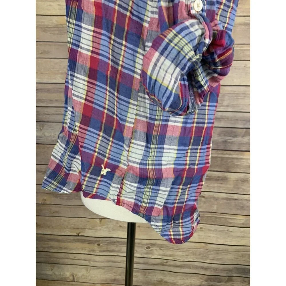 American Eagle Womens M Vintage Boyfriend Plaid Top Button Front Tabbed Sleeves - Picture 5 of 10